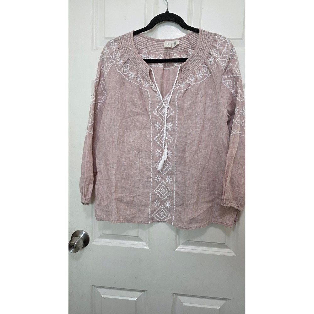 Joie Linen Peasant Blouse Womens Small Pink Embroidered Tassel Boho Top